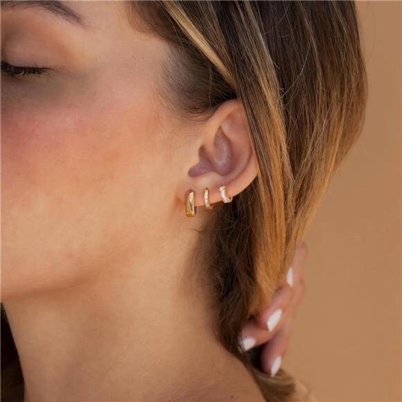 Gold Hoop Huggie Earrings Set | 3 Sizes Chunky Fashion Hoops - Picture 3 of 5